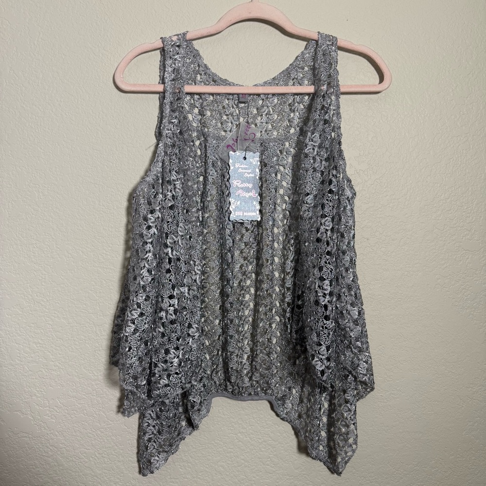 NWT Pretty Angel Silver Silk Blend Sleeveless Lace Open Front Cover Up